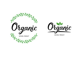 Handwritten lettering Organic Natural Product. Hand drawn word organic with green leaves. Organic brush lettering. Label, logo template for organic products, healthy food markets.