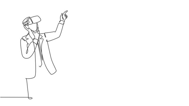 Self drawing animation of single line draw businessman thinking watching visual simulation on virtual reality. Smart technology futuristic game concept continuous line draw. Full length animated.