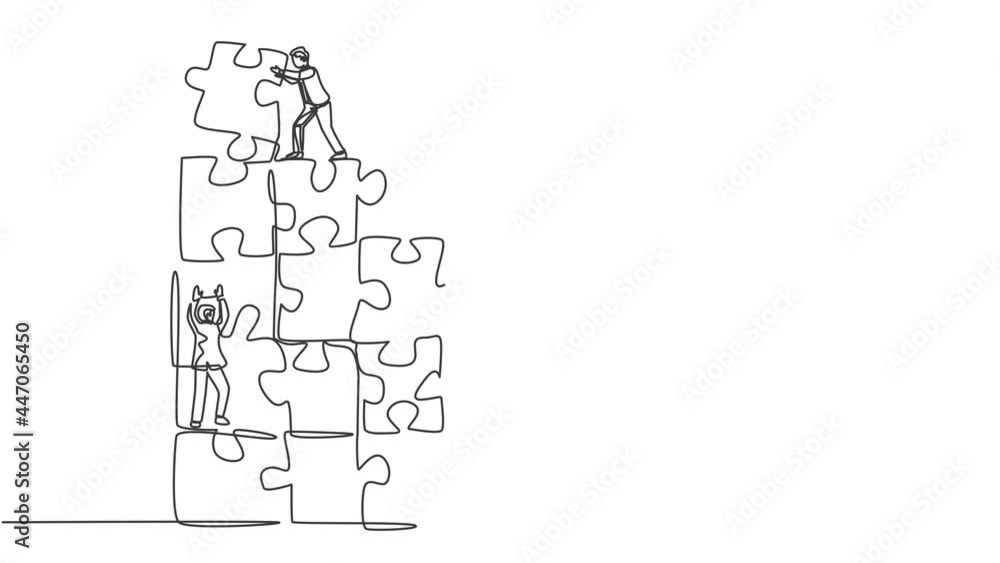 Poster self drawing animation of one single line draw two young businessman push and arrange puzzle pieces 