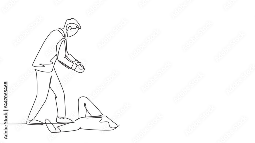 Poster self drawing animation of single line draw happy business man helping his bankrupt partner who lay d