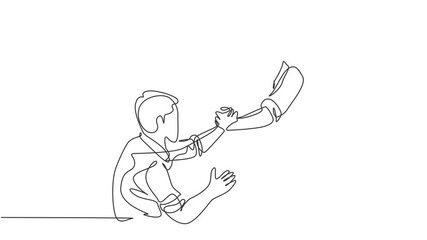 Animated self drawing of single continuous line draw young happy businessman help to pull out his colleague from failure and rising again. Teamwork support concept. Full length one line animation.