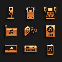 Set Ear listen sound signal, Music synthesizer, player, MP3 file document, wave equalizer, festival flag, recording studio and Stereo speaker icon. Vector