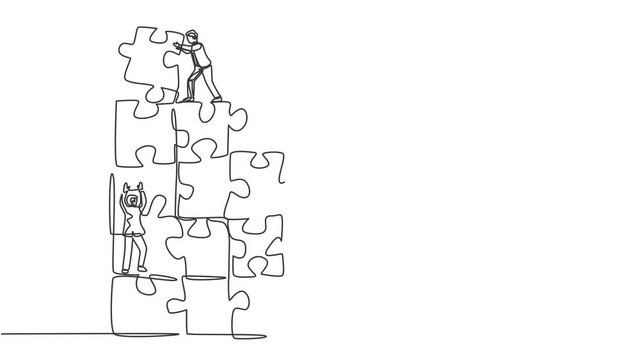 Self drawing animation of one single line draw two young businessman push and arrange puzzle pieces to build a strong building. Business teamwork concept continuous line draw. Full length animated.