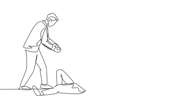 Self drawing animation of single line draw happy business man helping his bankrupt partner who lay down on the ground to support to rise up. Teamwork concept continuous line draw. Full length animated
