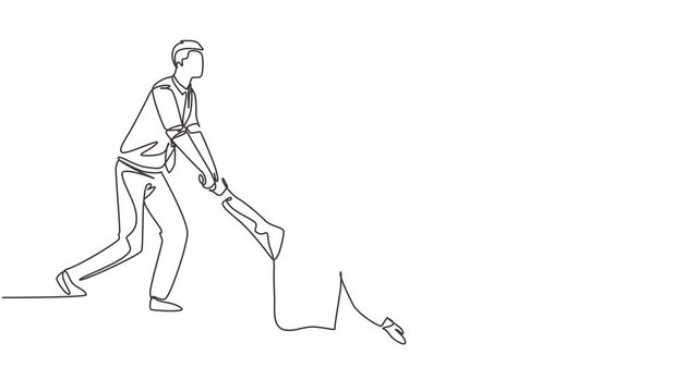 Self drawing animation of single line draw energetic businessman helps pull his colleague who falls into hole to go out. Business teamwork support concept continuous line draw. Full length animated.