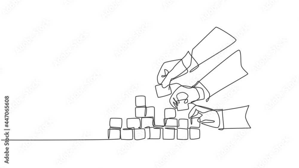 Poster animated self drawing of single continuous line draw business team member arrange wooden cube block 
