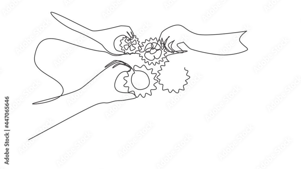 Poster animated self drawing of single continuous line draw hand gesture business team members unite piece 