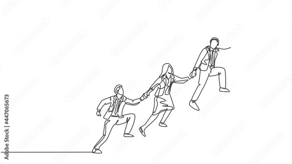 Poster animated self drawing of continuous line draw team members holding hands together following their le