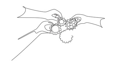 Animated self drawing of continuous line draw hand gesture male and female business team members unite piece of gears to one as team building symbol. Teamwork concept. Full length one line animation.