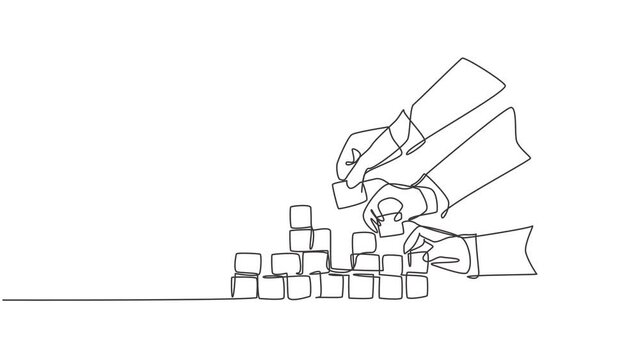 Animated self drawing of single continuous line draw business team member arrange wooden cube block become sturdy tower together improve team building. Teamwork concept. Full length one line animation