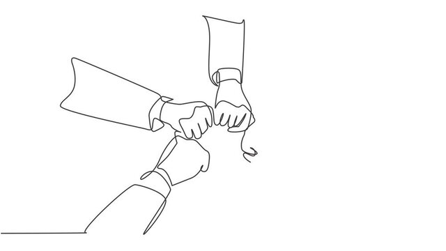 Animated self drawing of one continuous line draw group of young male and female business people unite hands together to form five star shape. Unity teamwork concept. Full length single line animation