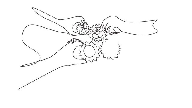 Animated self drawing of single continuous line draw hand gesture business team members unite piece of gears to one as teamwork symbol. Unity working together concept. Full length one line animation.