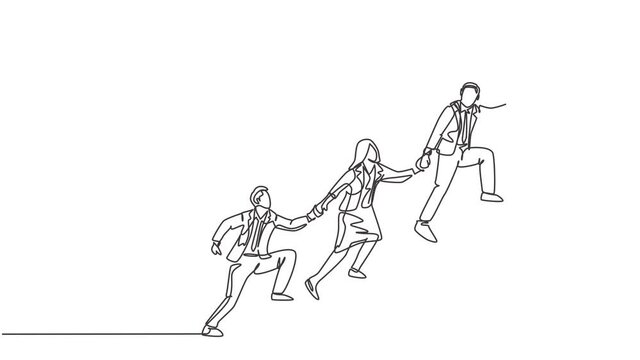 Animated self drawing of continuous line draw team members holding hands together following their leader who hold flag climbing up stairs step by step. Teamwork concept. Full length one line animation