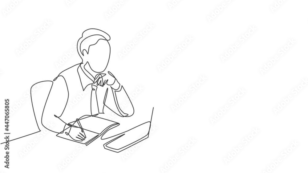 Poster animation of one line drawing of pensive businessman sitting, watching computer screen to analyze da