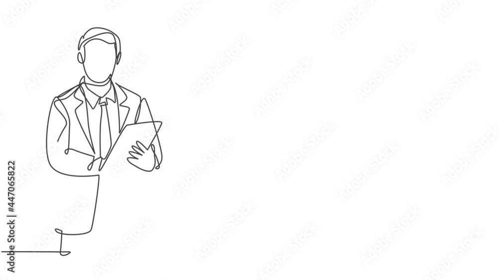 Poster animation of one line drawing of male worker standing while write business lesson from mentor on pap