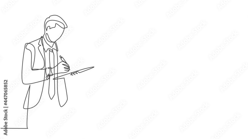 Poster animation of one line drawing of male worker standing while write business lesson from mentor on pap