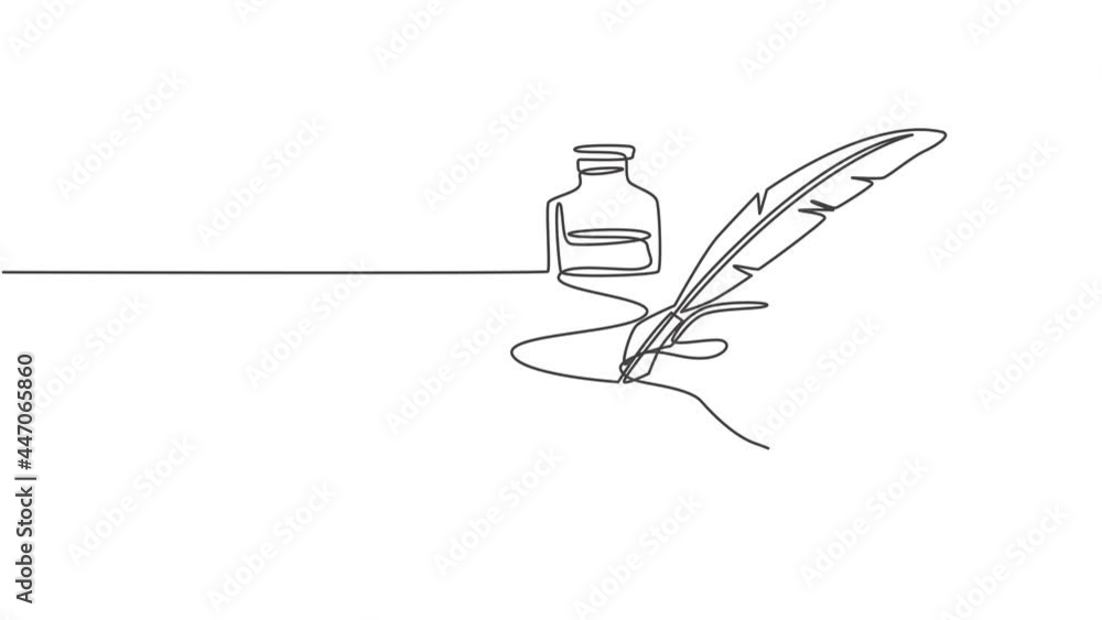 Poster animated self drawing of single continuous line draw hand writing gesture with ink and quill pen on 