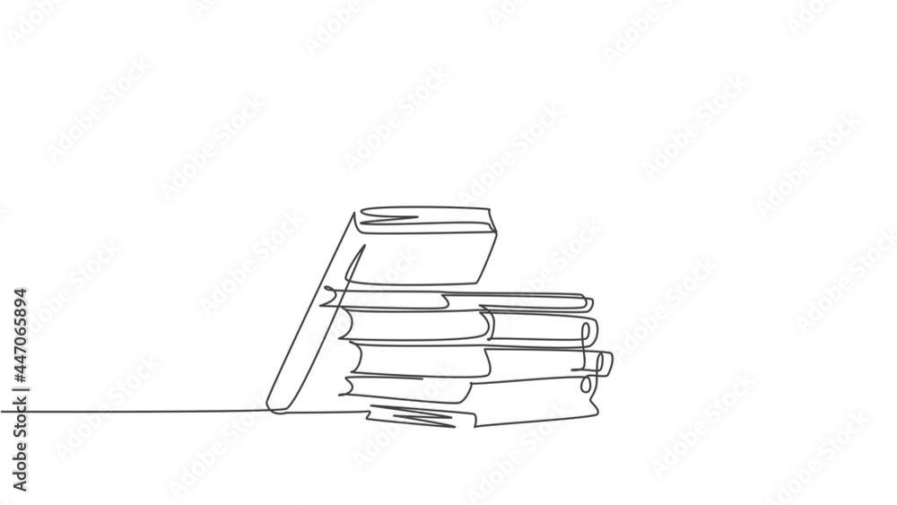 Poster animated self drawing of single continuous line draw stack of books, ink and quill pen on the office