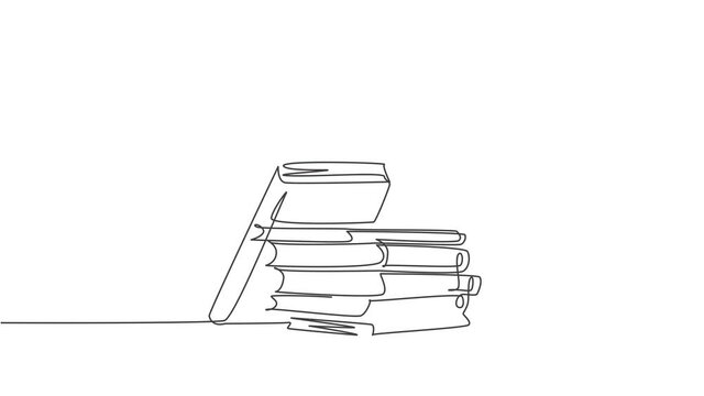 Animated self drawing of single continuous line draw stack of books, ink and quill pen on the office desk. Old antique writing equipment concept. Full length one line animation illustration.