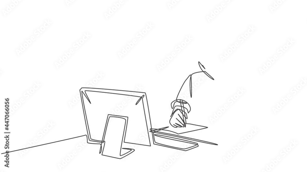 Poster self drawing animation of single line draw pensive businessman sitting, watching computer screen to 