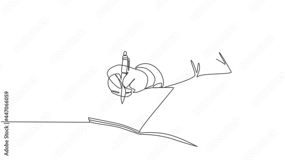 Poster animated self drawing of single continuous line draw hand gesture writing on an open note book to wr