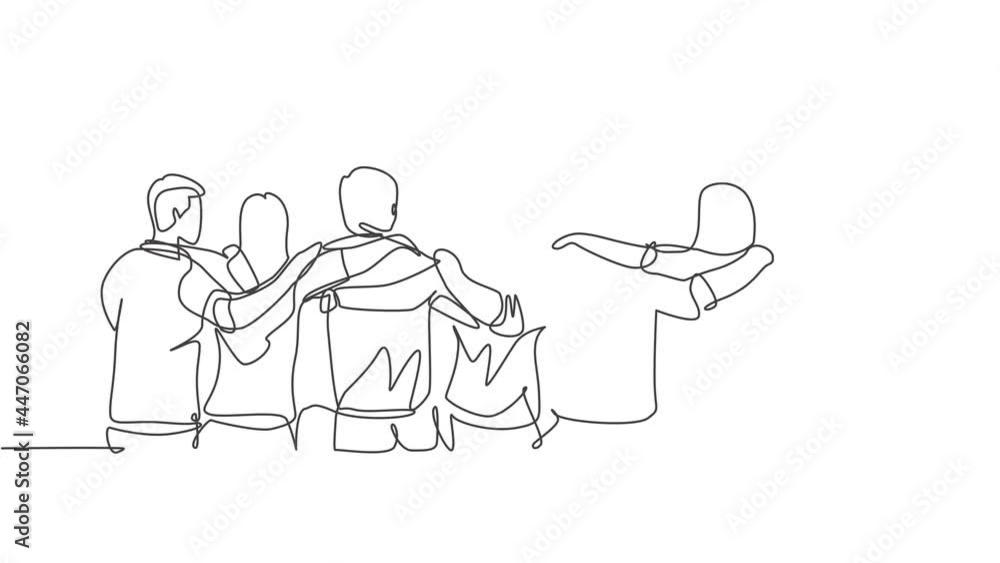 Poster animated self drawing of single continuous line draw about men woman from multi ethnic standing toge