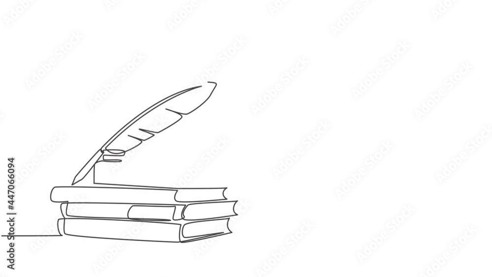 Poster animated self drawing of one continuous line draw stack of books, ink and quill pen on the office de