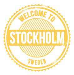 WELCOME TO STOCKHOLM - SWEDEN, words written on yellow stamp