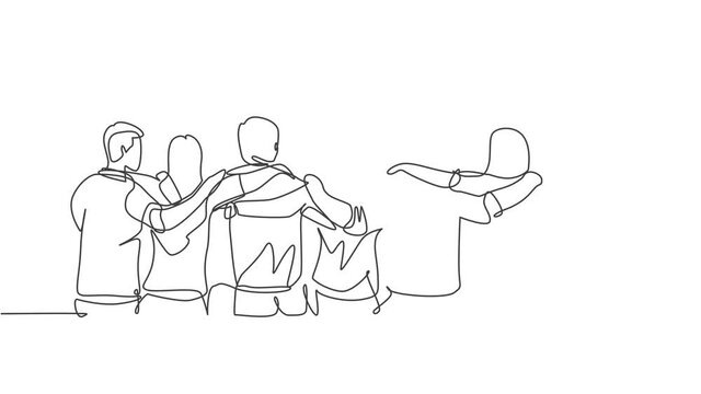 Animated self drawing of single continuous line draw about men woman from multi ethnic standing together to show their friendship bonding. Unity in diversity concept. Full length one line animation.