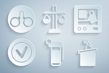 Set Hand grenade, Television report, Check mark in round, Stage stand tribune, Scales of justice and Handcuffs icon. Vector