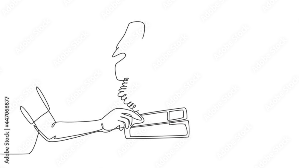 Poster animation of one line drawing of gesture hand picking handle retro classic analog phone up. old vint
