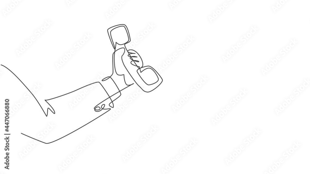 Poster animation of one line drawing of gesture holding old classic analog phone handling at office. vintag