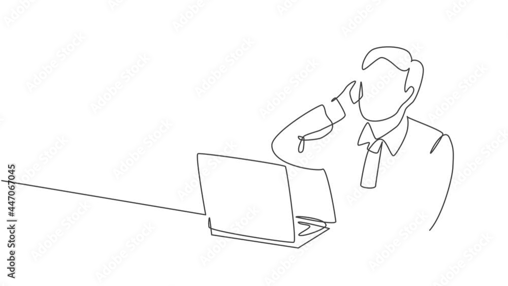 Poster animated self drawing of continuous line draw young manager read company annual report match it with