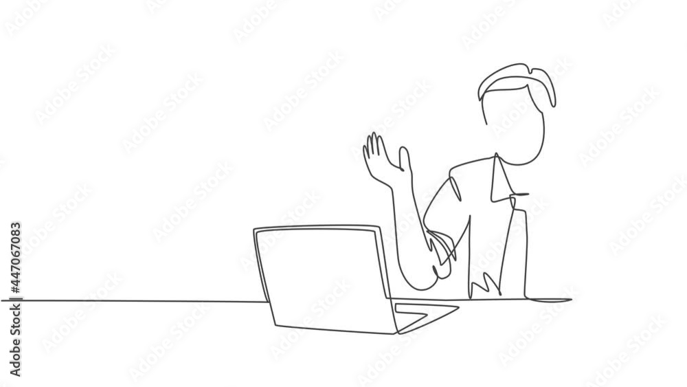 Poster animated self drawing of one continuous line draw young male manager typing on laptop receiving phon