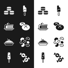 Set Bread loaf, Piece of cake, Macaron cookie, Ice cream, Homemade pie, Jelly candy, Candy and icon. Vector