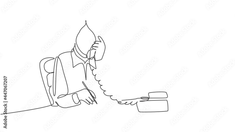 Poster animated self drawing of one continuous line draw assistant manager receiving phone writing down her