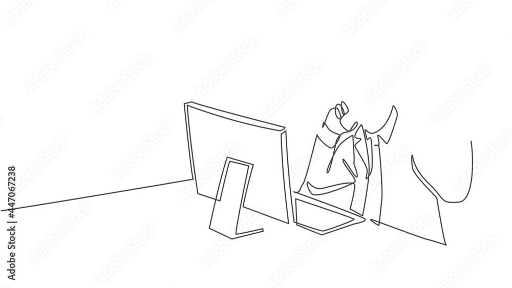 Poster animated self drawing of one continuous line draw male employee get call from his manager asking to 