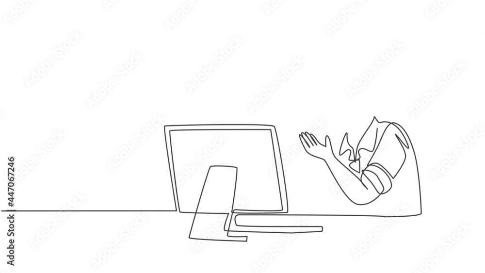 Aufkleber animated self drawing of one continuous line draw furious business man pointing finger while calling