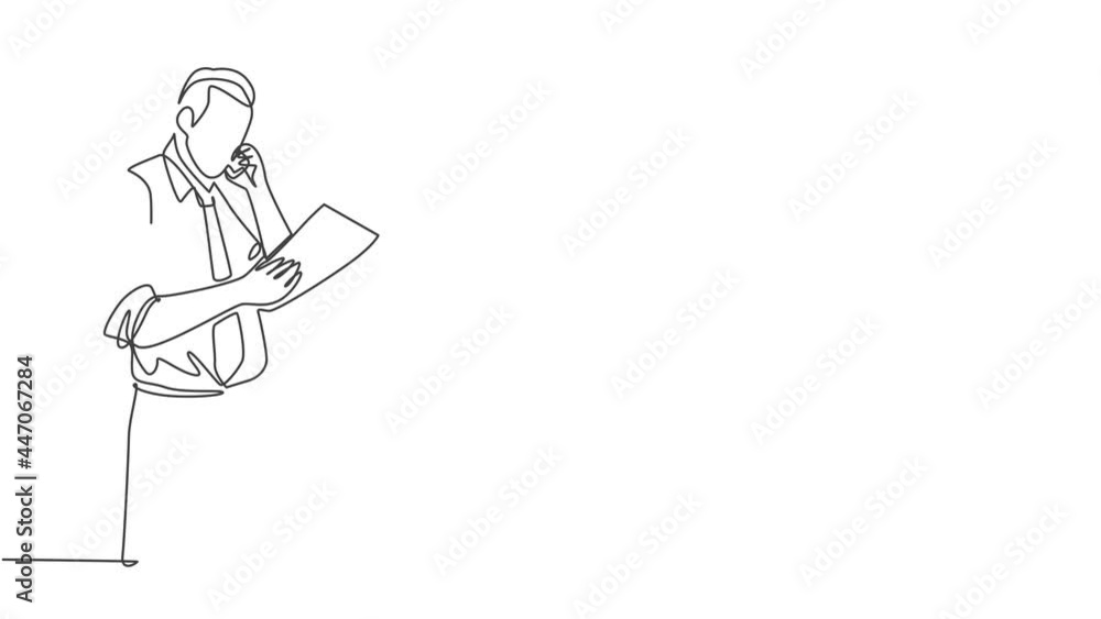 Aufkleber Self drawing animation of single line draw manager call recruitment manager with cellphone ask application letter from applicant. Recruitment concept continuous line draw. Full length animated.