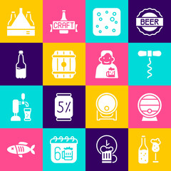 Set Beer bottle and glass, Wooden barrel on rack, Wine corkscrew, bubbles, Plastic beer, Pack of bottles and Happy man with icon. Vector