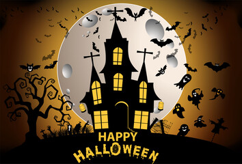 Halloween and full moon in the dark night.Dark castle on full Moon background.Ghost and flying bats, tomb,scary,decoration.Vector Halloween party decoration and flat style concept.