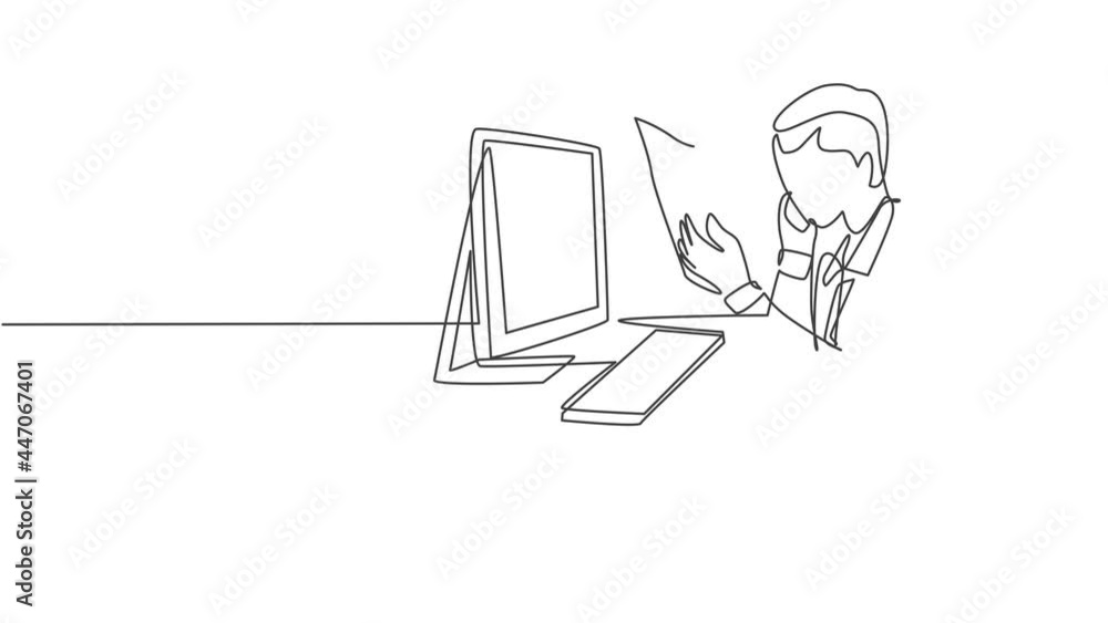 Poster self drawing animation of single line draw startup founder reading company annual report on tablet c