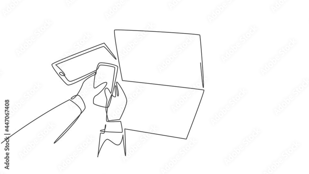 Poster animated self drawing of single continuous line draw hand gestures holding touching smartphone scree
