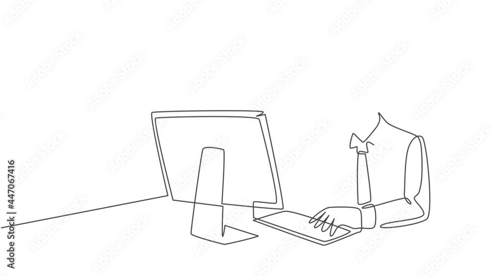 Poster self drawing animation of single line draw manager typing message on smartphone and sending it to hi