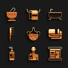 Set Essential oil bottle, Man in the sauna, Sauna wooden bathhouse, Towel stack, Cream or lotion cosmetic tube, Hairbrush, Bathtub and Mortar and pestle icon. Vector