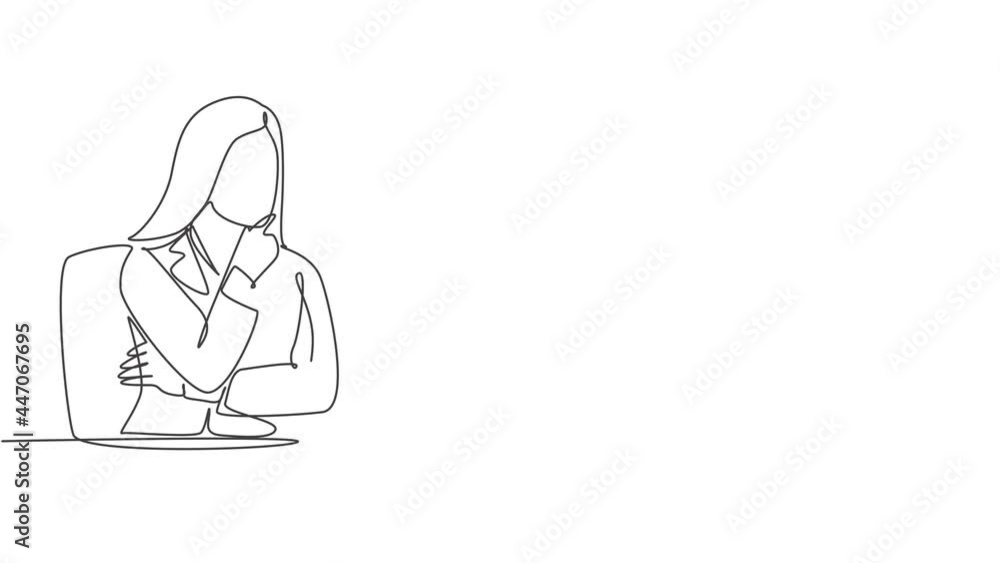 Poster animated self drawing of continuous line draw female startup founder siting in front of computer thi