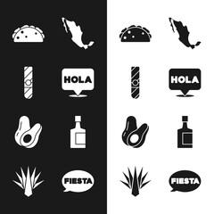 Set Hola, Cigar, Taco with tortilla, Map of mexican, Avocado fruit, Tequila bottle, Fiesta and Agave icon. Vector © vector_v