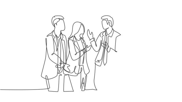 Animated self drawing of one continuous line draw young male and female employees have a little chat while a working break at head office. Workers daily life concept. Full length single line animation