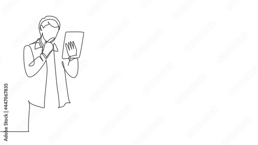 Poster self drawing animation of single continuous line draw businessman standing while holding the laptop 
