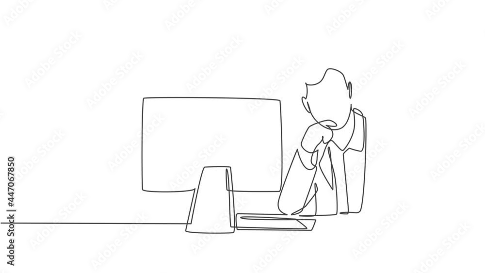 Poster animated self drawing of one continuous line draw tired male employee pensive seriously after starin